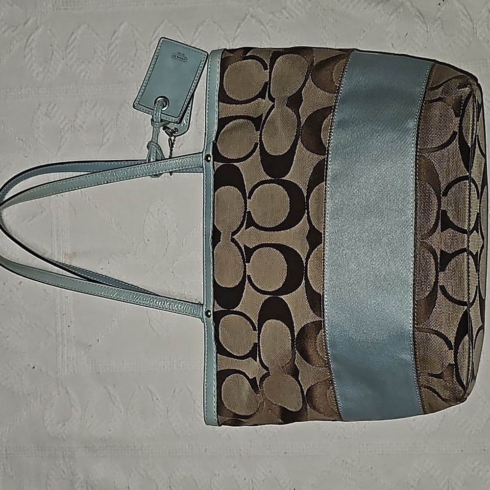 VTG Coach Tote Bag Y2K monogram canvas & baby blue patent leather straps